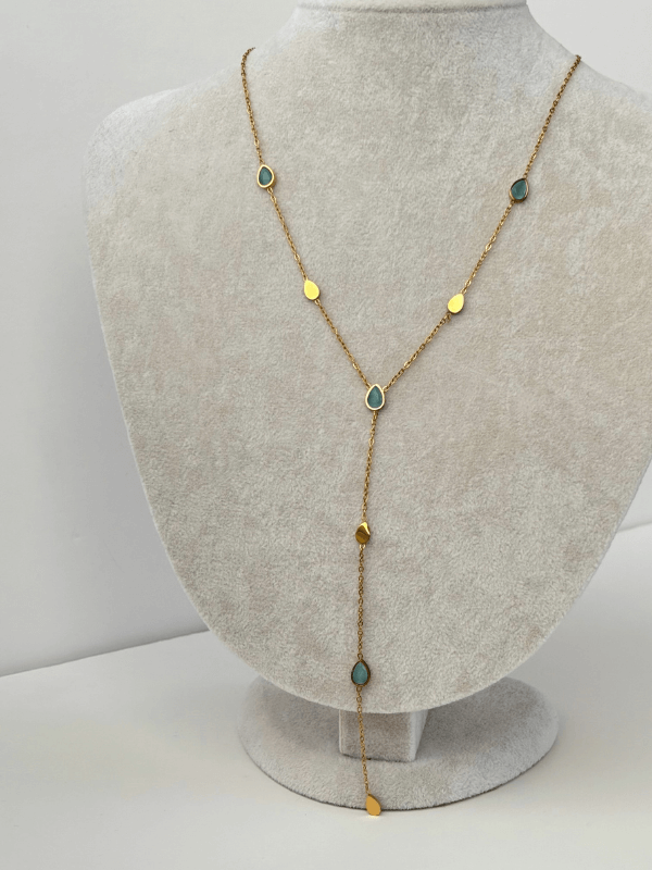 Mavi Damlalı ve Altın Detaylı Gold Y Kolye