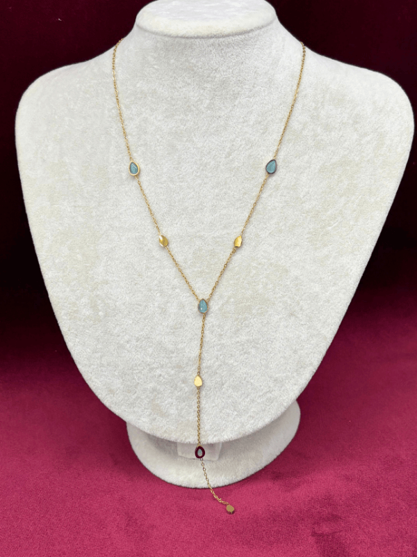 Mavi Damlalı ve Altın Detaylı Gold Y Kolye