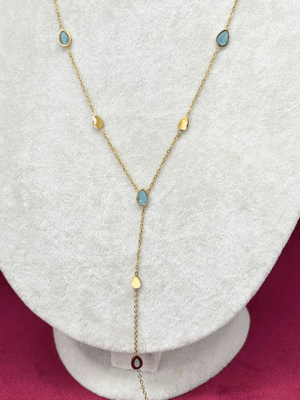 Mavi Damlalı ve Altın Detaylı Gold Y Kolye