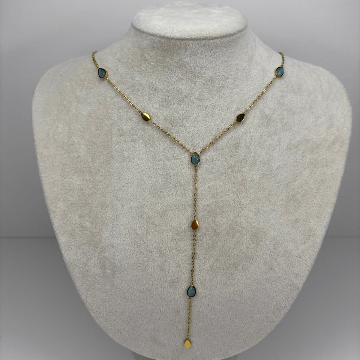 Mavi Damlalı ve Altın Detaylı Gold Y Kolye