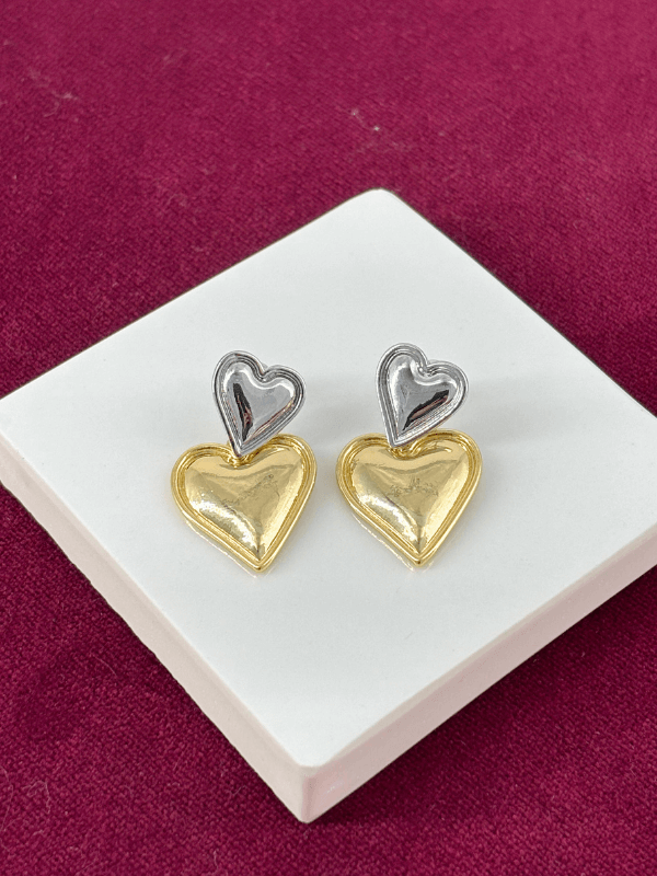 Küçük Gümüş Büyük Altın Kalpli Sallantılı Çift Renkli Küpe