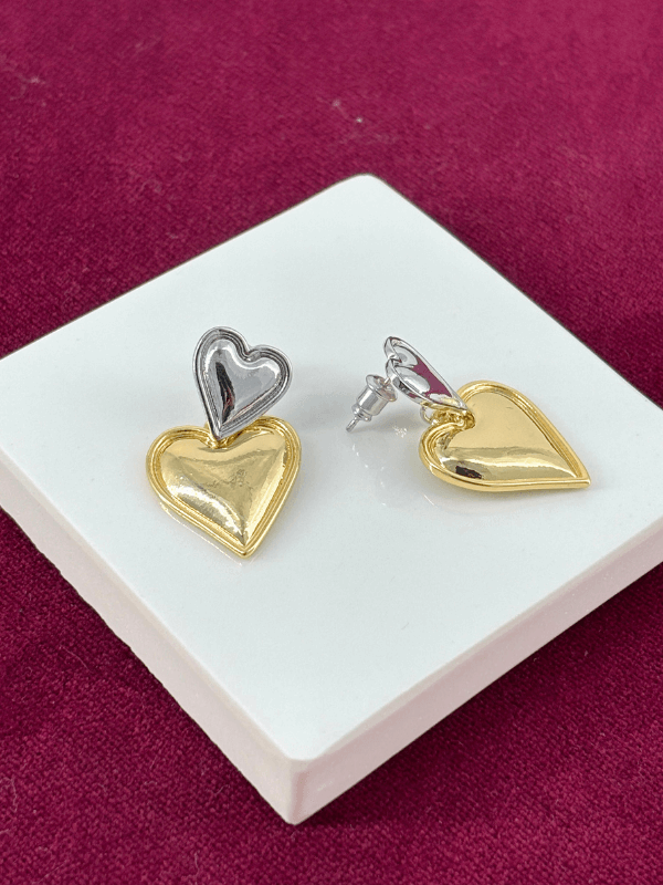 Küçük Gümüş Büyük Altın Kalpli Sallantılı Çift Renkli Küpe