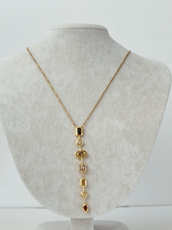 Yedi Elementli Renkli Taşlı Gold Y Kolye