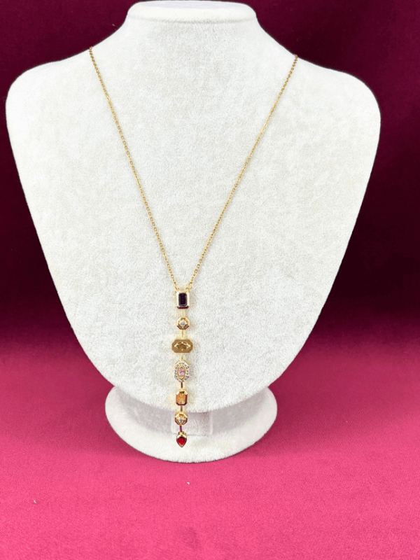 Yedi Elementli Renkli Taşlı Gold Y Kolye