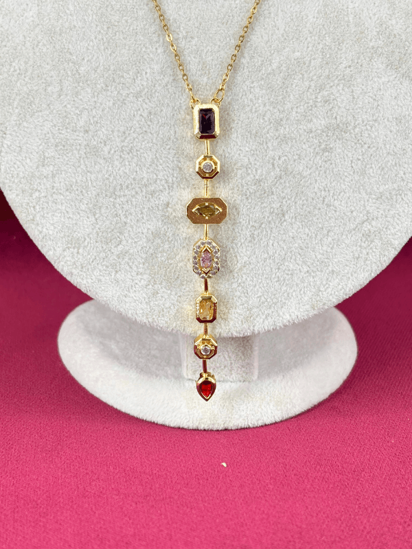 Yedi Elementli Renkli Taşlı Gold Y Kolye