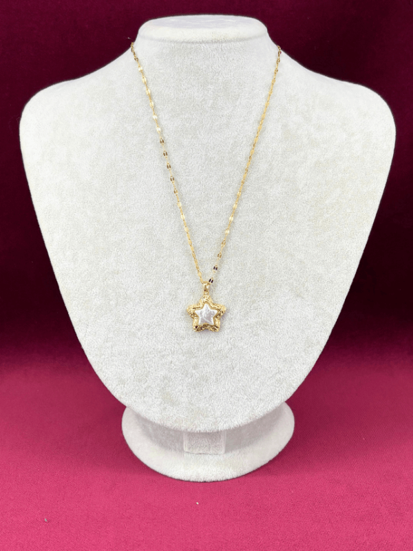 Sedef Kabartma Yıldızlı Altın Detaylı Parlak Gold Kolye