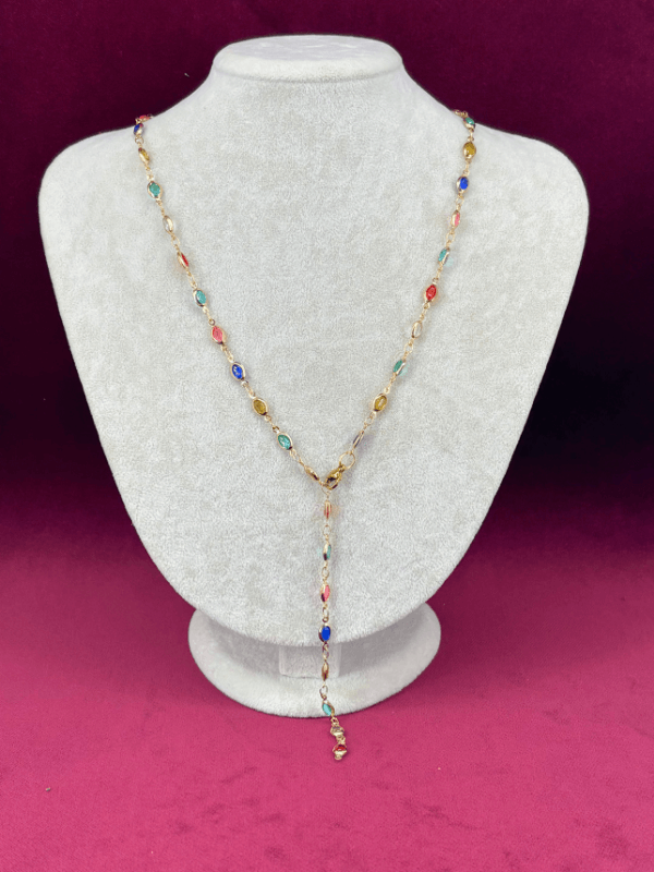 Renkli Küçük Damla Taşlı Gold Y Kolye