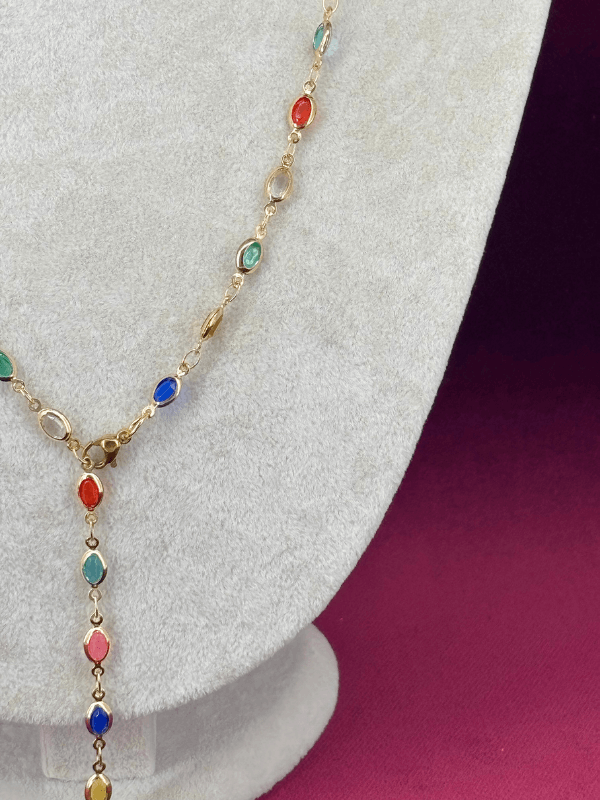 Renkli Küçük Damla Taşlı Gold Y Kolye