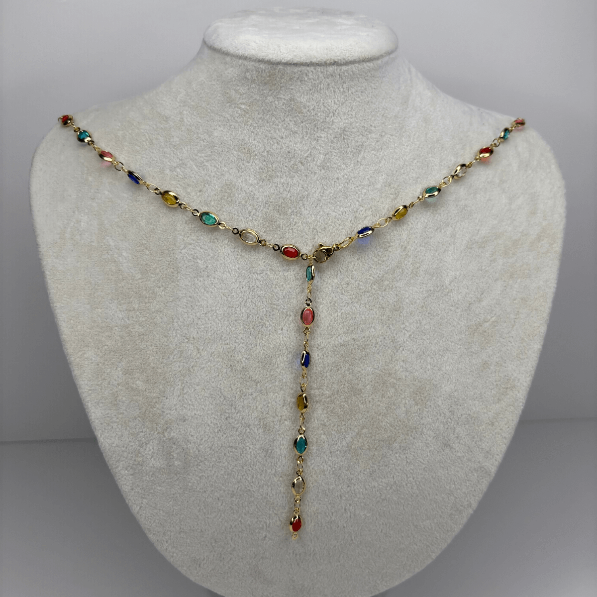 Renkli Küçük Damla Taşlı Gold Y Kolye