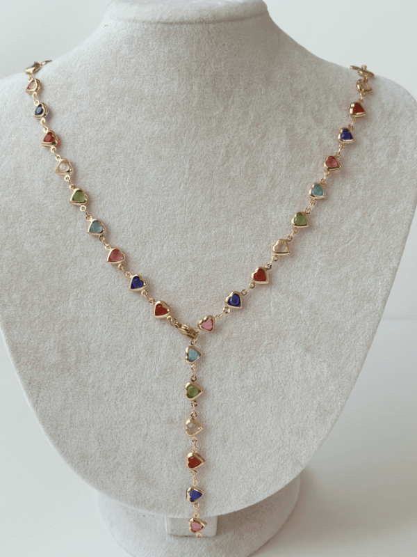 Renkli Küçük Kalpli Gold Y Kolye