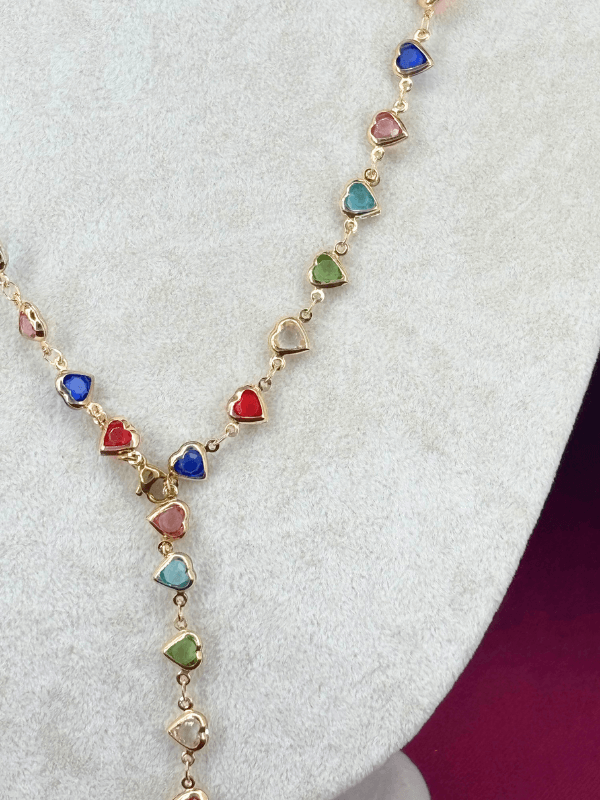 Renkli Küçük Kalpli Gold Y Kolye