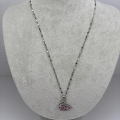 Pembe Taşlı Silver Kuğulu Kolye