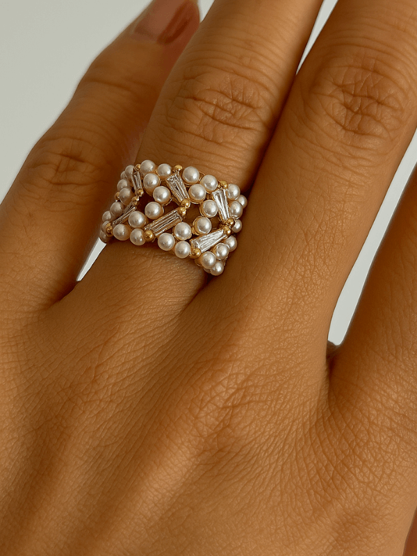 Küçük İnci Sıralı Altın Detaylı Gold Yüzük