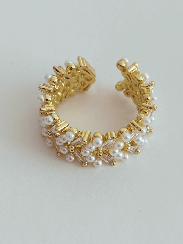 Küçük İnci Sıralı Altın Detaylı Gold Yüzük