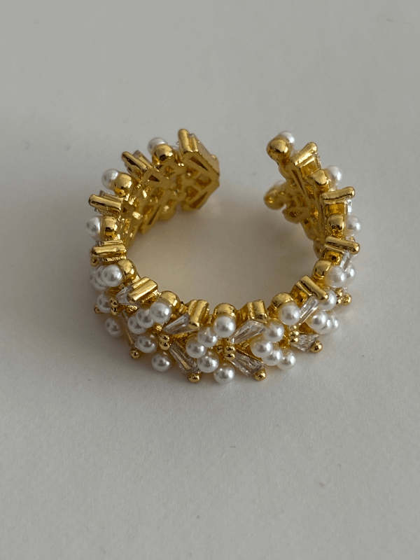 Küçük İnci Sıralı Altın Detaylı Gold Yüzük