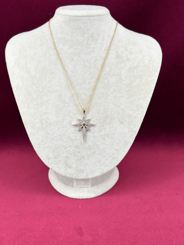 Gümüş Taşlarla Çevrili Altın Detaylı Gold Kutup Yıldızlı Kolye