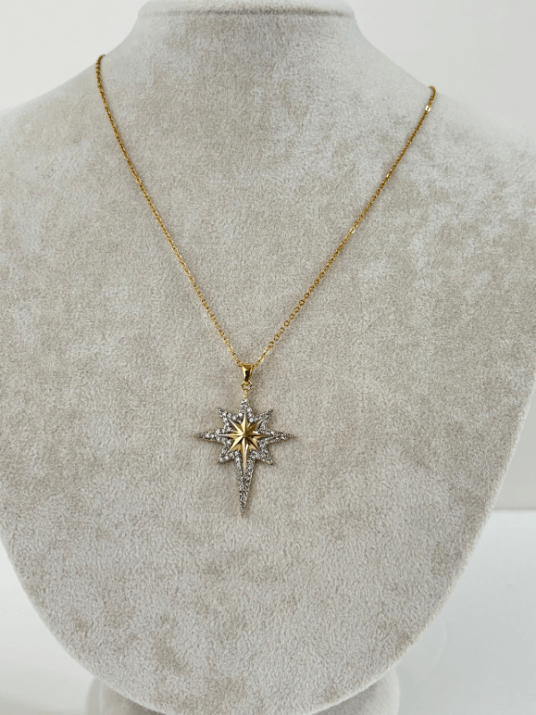 Gümüş Taşlarla Çevrili Altın Detaylı Gold Kutup Yıldızlı Kolye