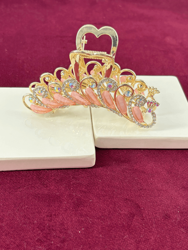 Koyu Pembe Sedef Yansımalı Parlak Taşlı Gold Renkli Saç Tokası