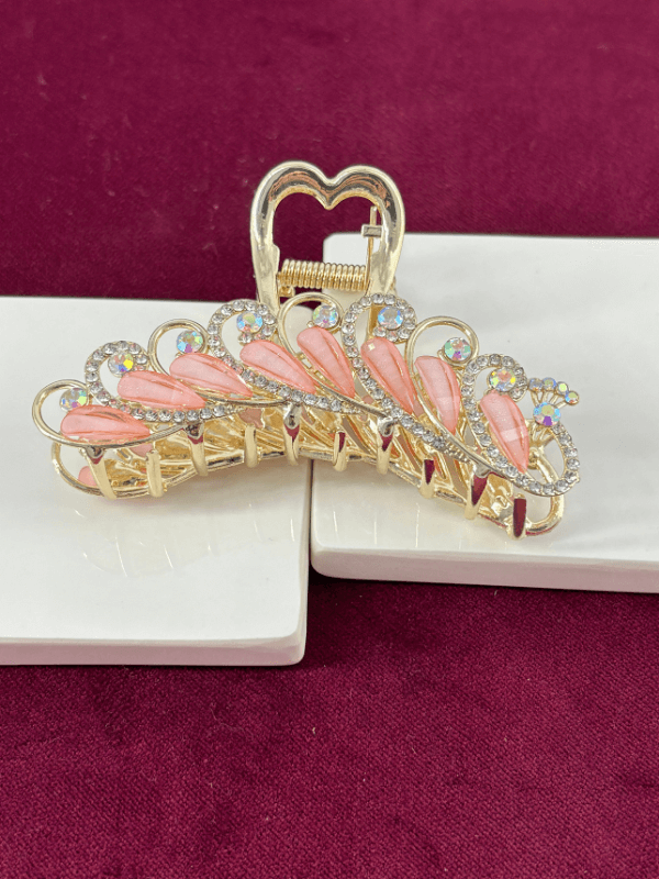 Koyu Pembe Sedef Yansımalı Parlak Taşlı Gold Renkli Saç Tokası