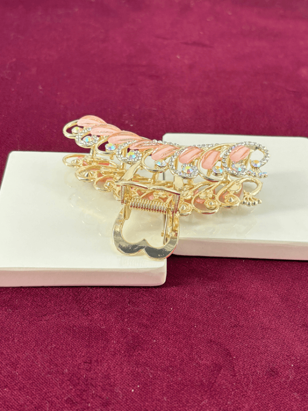 Koyu Pembe Sedef Yansımalı Parlak Taşlı Gold Renkli Saç Tokası