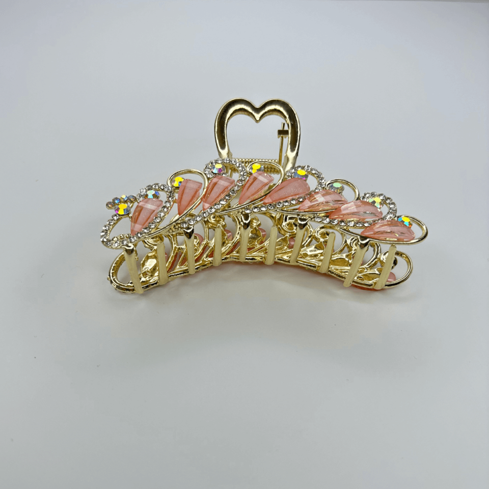 Koyu Pembe Sedef Yansımalı Parlak Taşlı Gold Renkli Saç Tokası