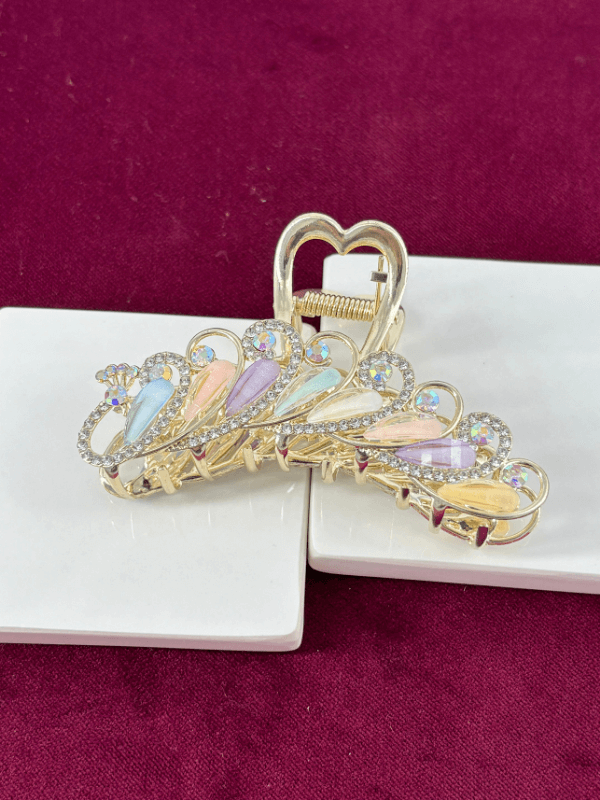 Renkli Pastel Tonlarda Sedef Yansımalı Parlak Taşlı Gold Renkli Saç Tokası