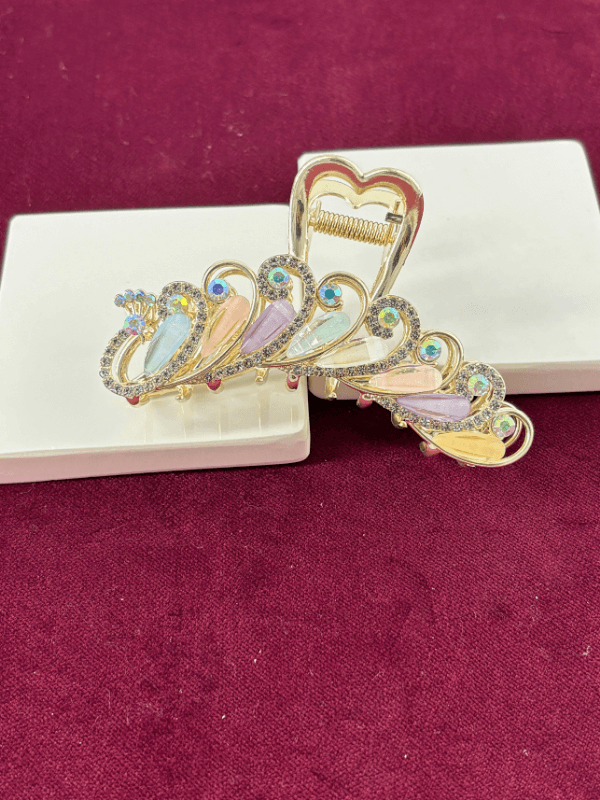 Renkli Pastel Tonlarda Sedef Yansımalı Parlak Taşlı Gold Renkli Saç Tokası