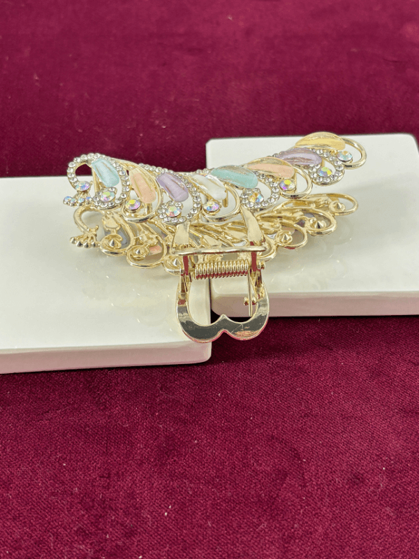 Renkli Pastel Tonlarda Sedef Yansımalı Parlak Taşlı Gold Renkli Saç Tokası