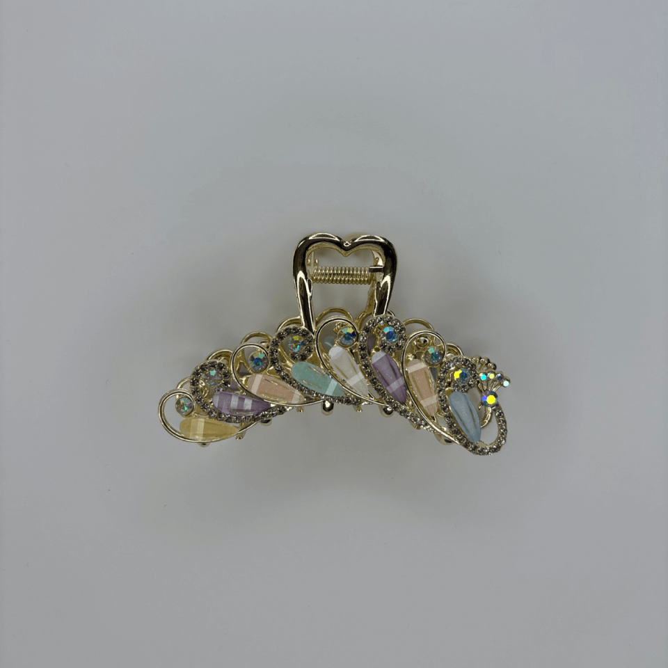 Renkli Pastel Tonlarda Sedef Yansımalı Parlak Taşlı Gold Renkli Saç Tokası