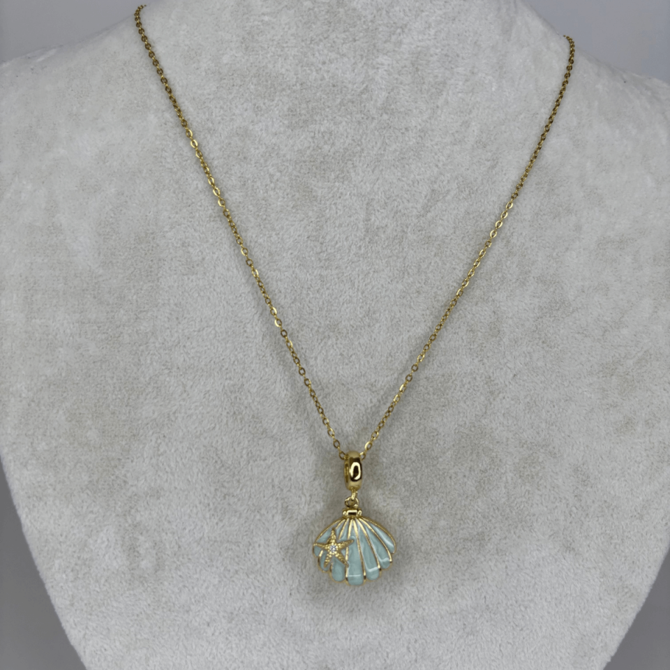 Açılır Kapanır Mavi Deniz Kabuklu ve Altın Yıldızlı Taşlı Gold Kolye