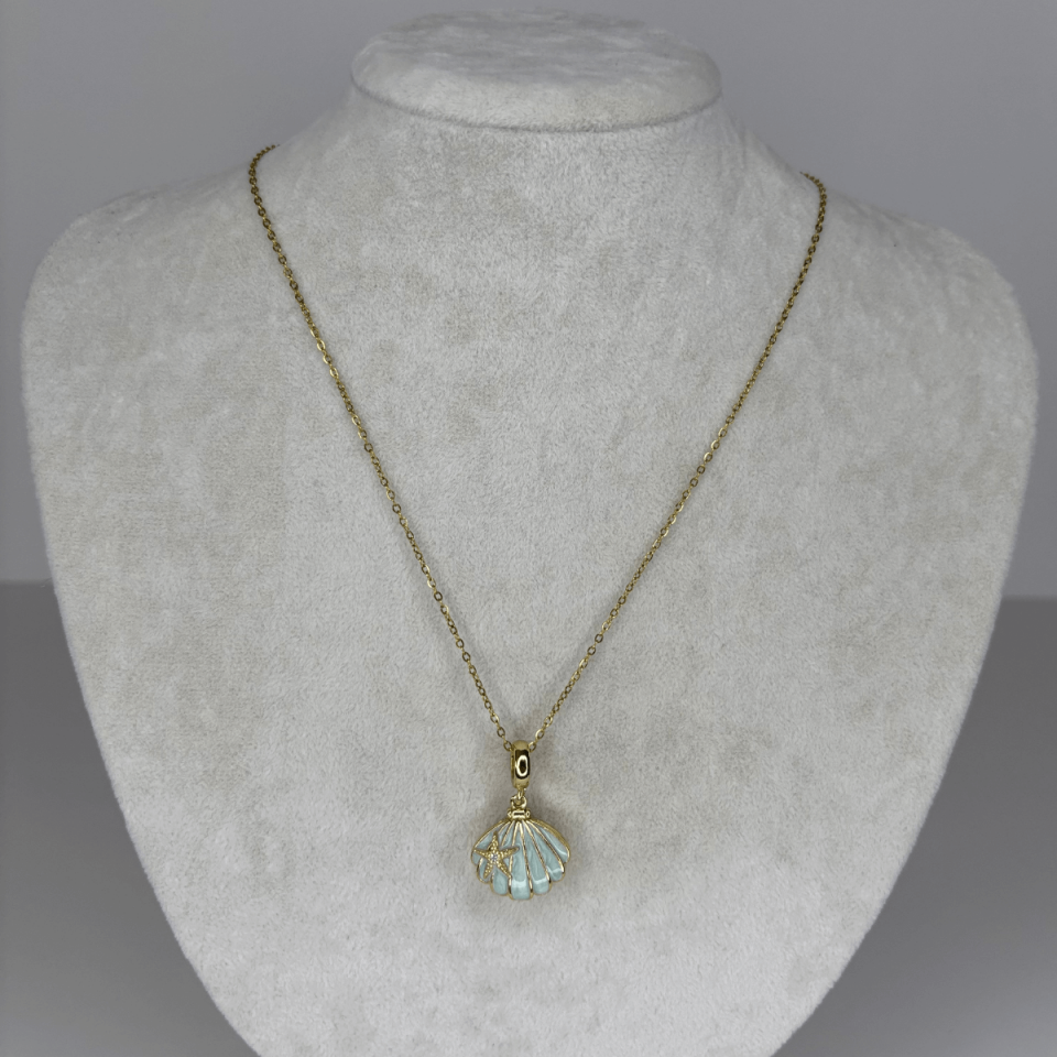 Açılır Kapanır Mavi Deniz Kabuklu ve Altın Yıldızlı Taşlı Gold Kolye