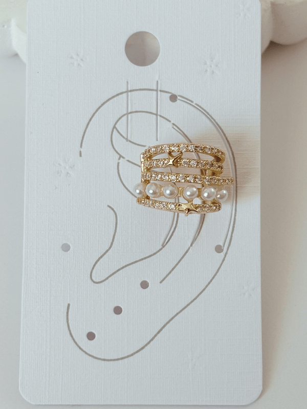 Beş Sıra Parlak Taş Detaylı İncili ve Yıldızlı Gold Earcuff