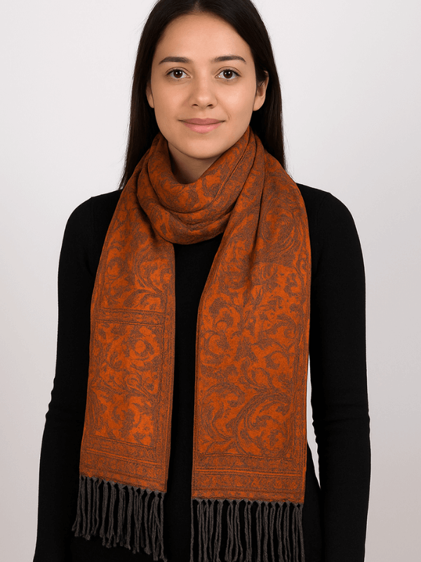 Turuncu-Gri Tonlarında Desenli İnce Şal