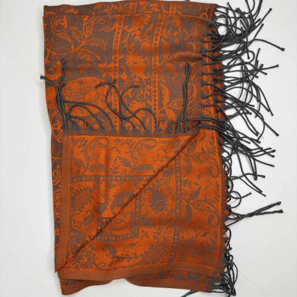 Turuncu-Gri Tonlarında Desenli İnce Şal