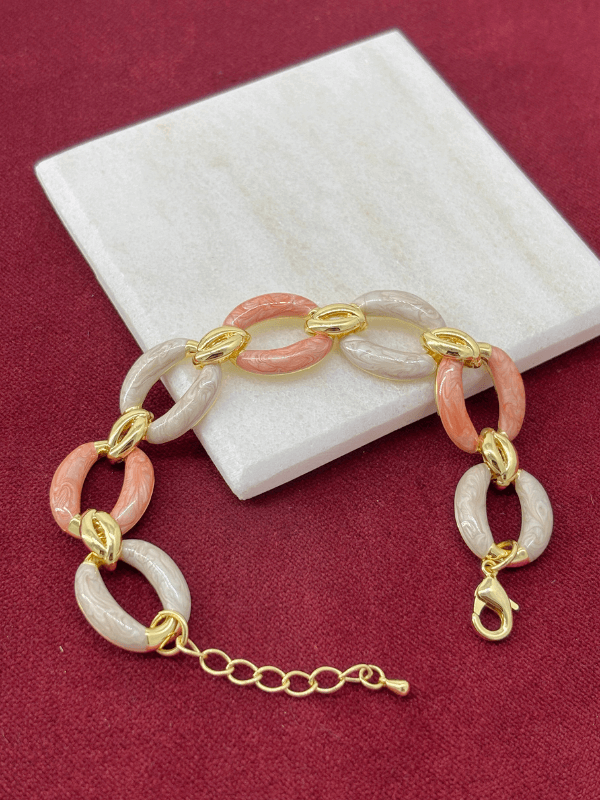 Pembe Beyaz Sedef Yansımalı Altın Detaylı Halka Şekilli Gold İthal Bileklik