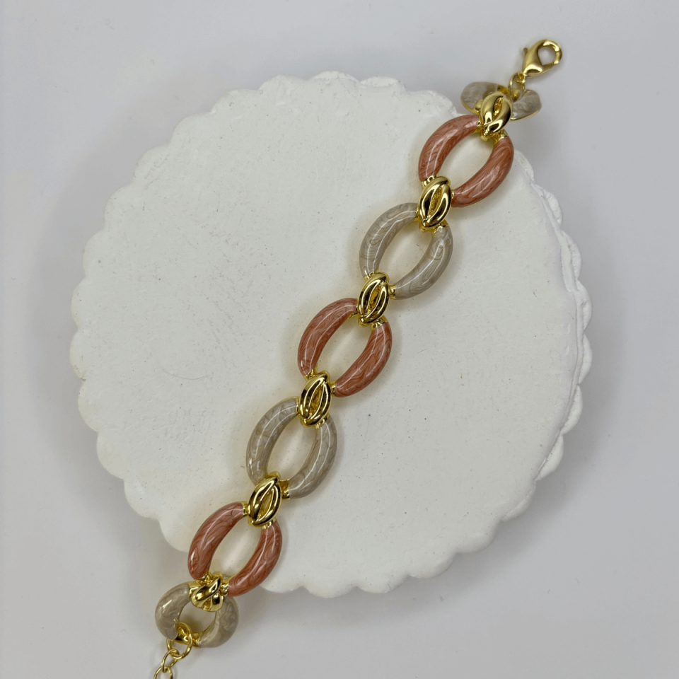 Pembe Beyaz Sedef Yansımalı Altın Detaylı Halka Şekilli Gold İthal Bileklik