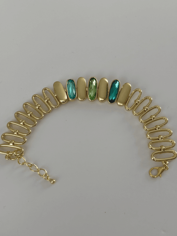 Mavi ve Yeşil Tonlarında Altın Detaylı Oval Şekilli Gold İthal Bileklik 