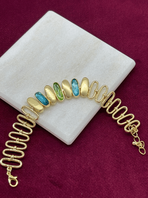 Mavi ve Yeşil Tonlarında Altın Detaylı Oval Şekilli Gold İthal Bileklik 