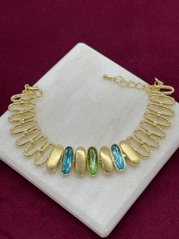 Mavi ve Yeşil Tonlarında Altın Detaylı Oval Şekilli Gold İthal Bileklik 