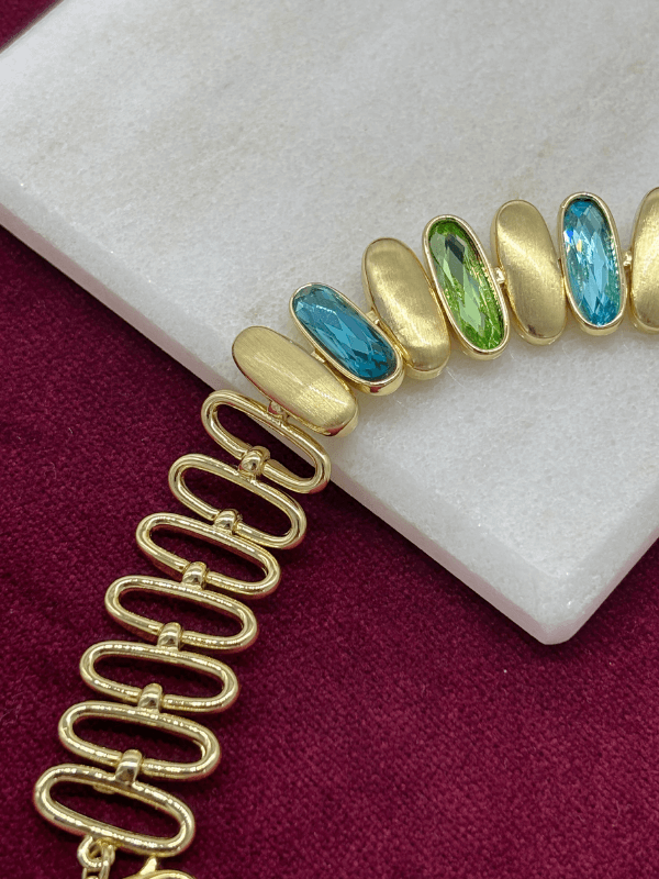 Mavi ve Yeşil Tonlarında Altın Detaylı Oval Şekilli Gold İthal Bileklik 