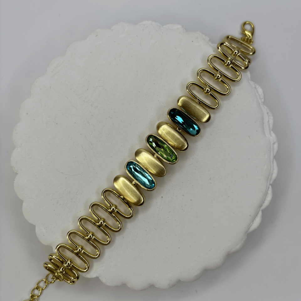 Mavi ve Yeşil Tonlarında Altın Detaylı Oval Şekilli Gold İthal Bileklik 