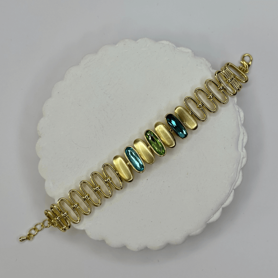 Mavi ve Yeşil Tonlarında Altın Detaylı Oval Şekilli Gold İthal Bileklik 
