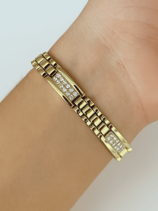 14 K Renginde Minik Taşlarla Kaplı Üç Dikdörtgen Şekilli Gold Bileklik 