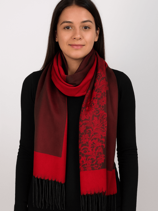 Kırmızı- Siyah Tonlarında Desenli İnce Şal