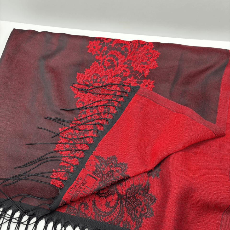 Kırmızı- Siyah Tonlarında Desenli İnce Şal