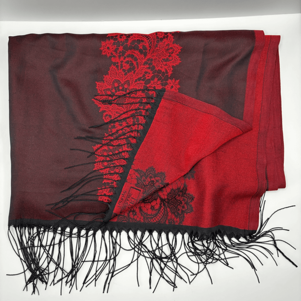 Kırmızı- Siyah Tonlarında Desenli İnce Şal