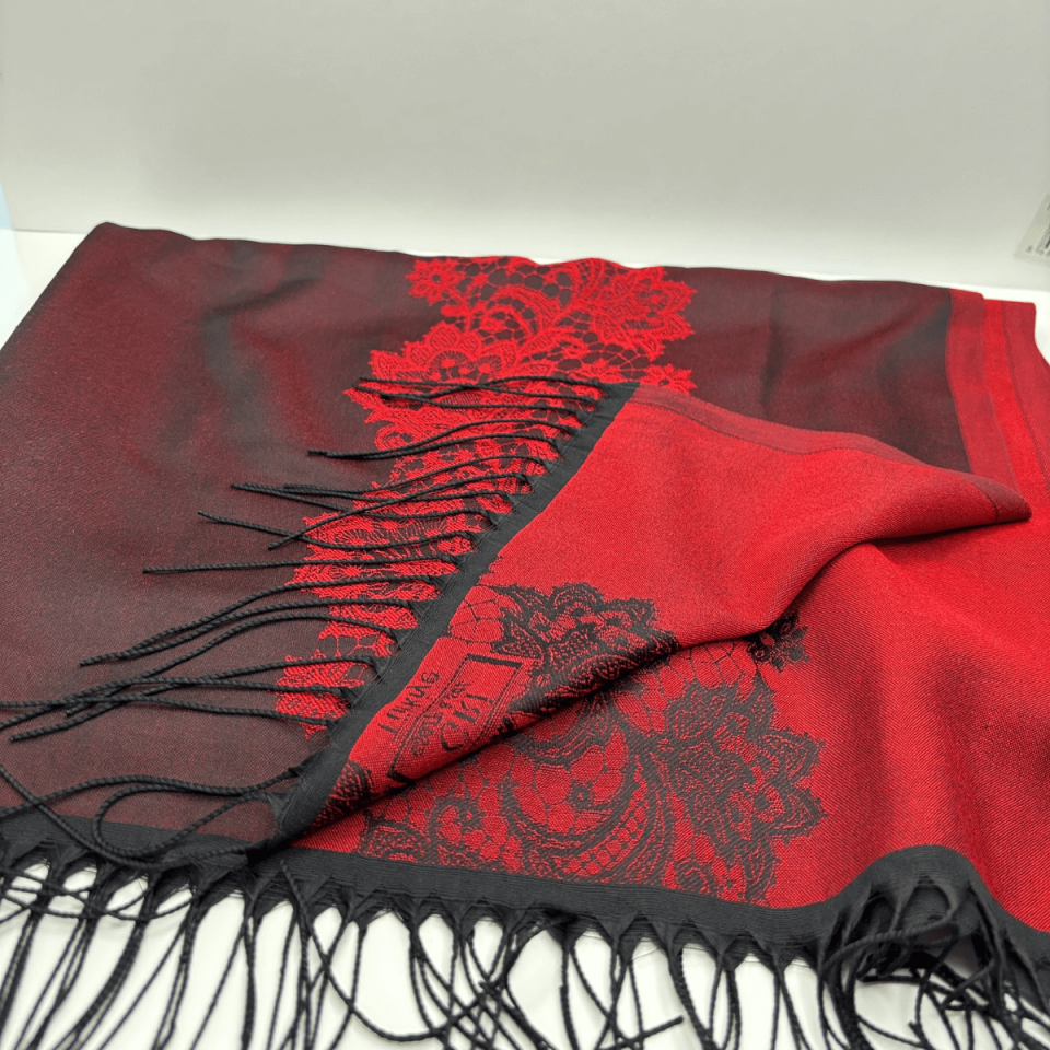 Kırmızı- Siyah Tonlarında Desenli İnce Şal