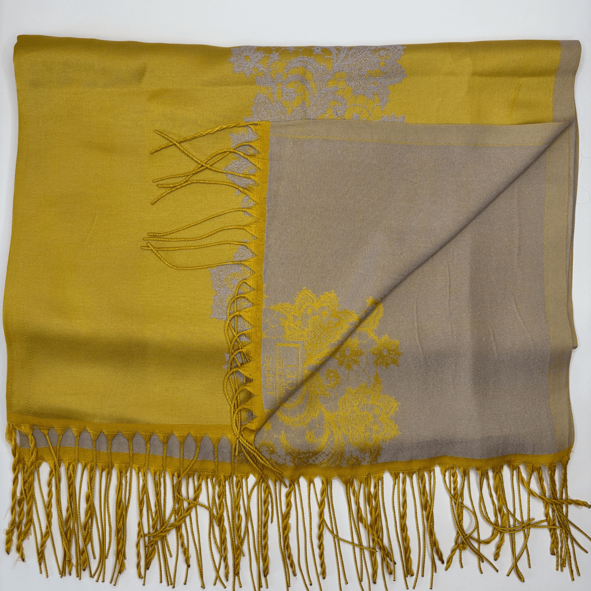 Sarı-Gri Tonlarında Desenli İnce Şal