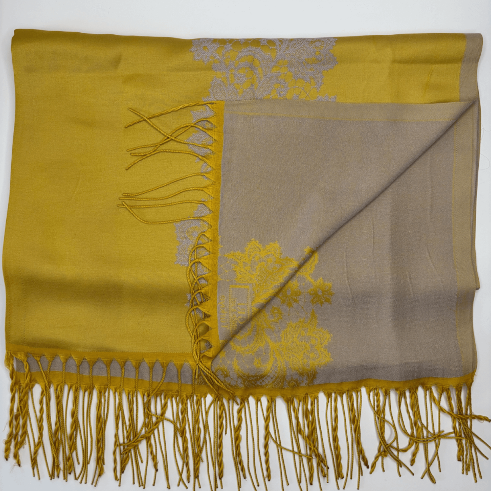 Sarı-Gri Tonlarında Desenli İnce Şal