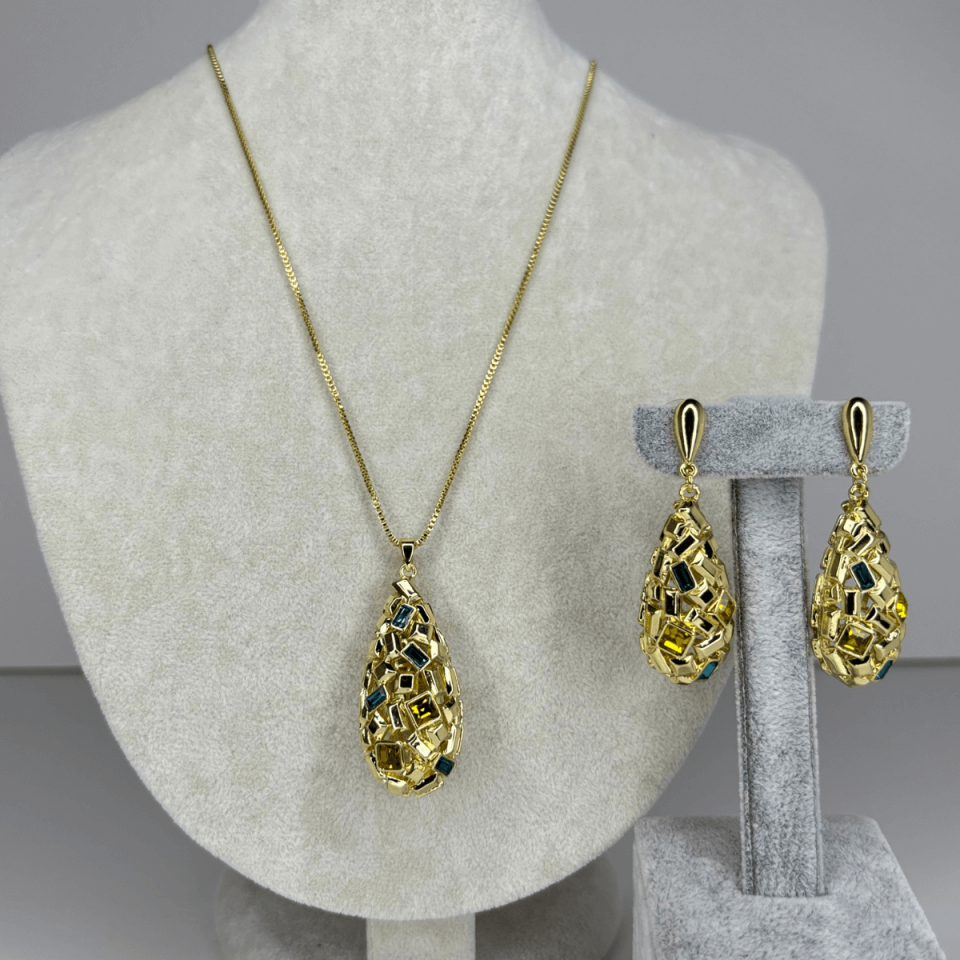 Damla ve Dikdörtgen Şekilli Mavi ve Altın Renkli Set